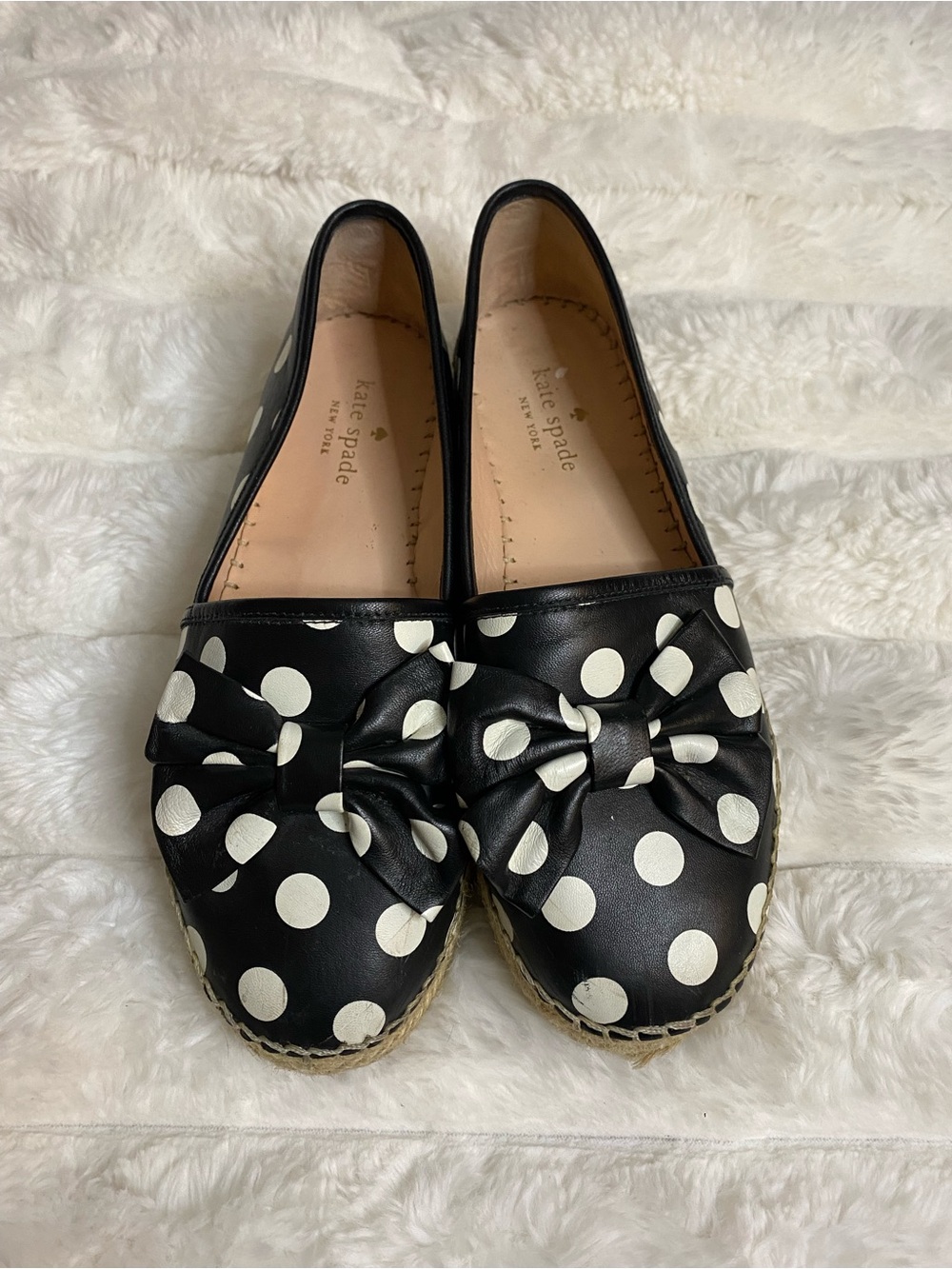 Kate Spade Espadrille Shoes Women’s 6.5 Polka Dot Bow Tie Leather Black Flats